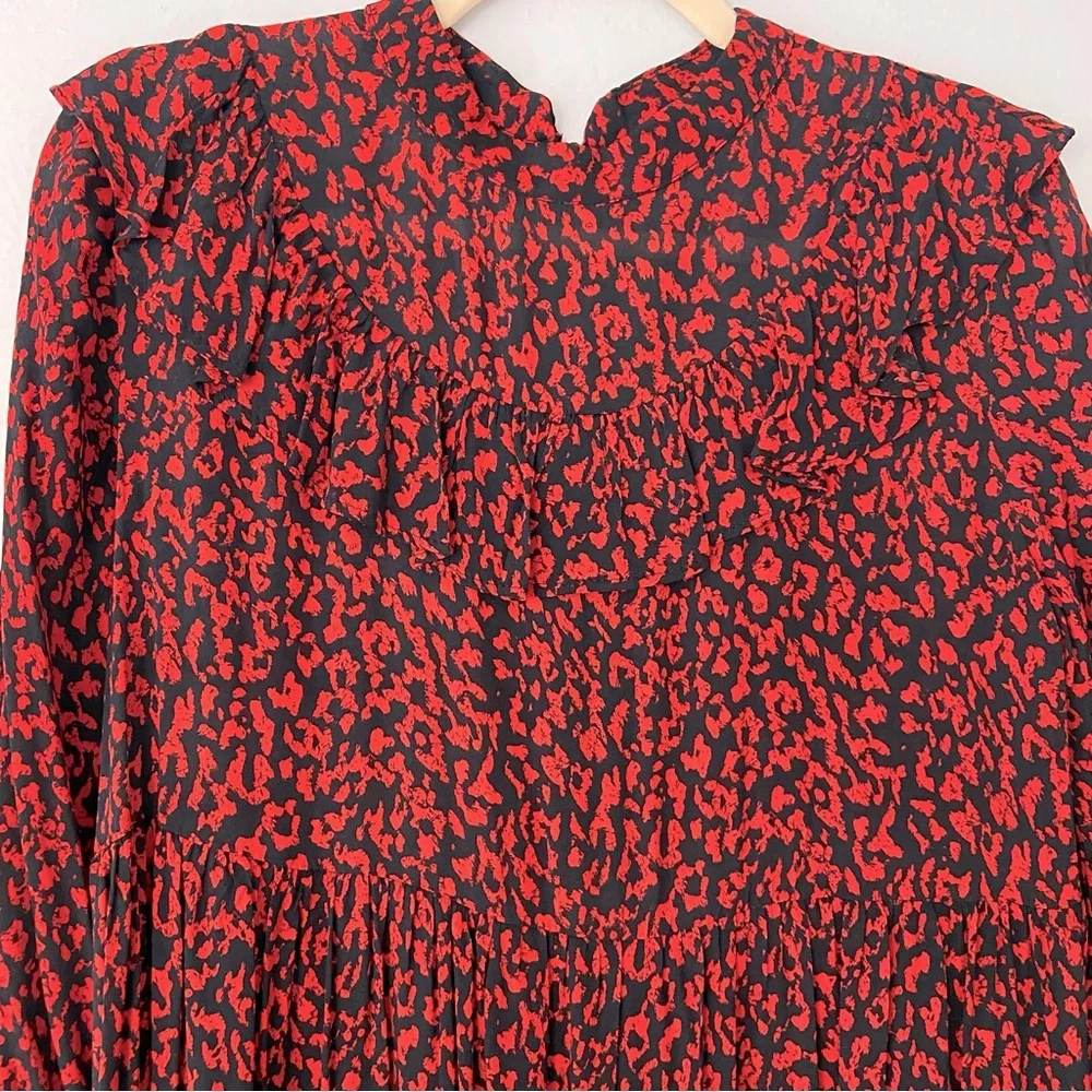 NWOT Zara Red and Black Leopard Animal Print Ruffle Neck Dress